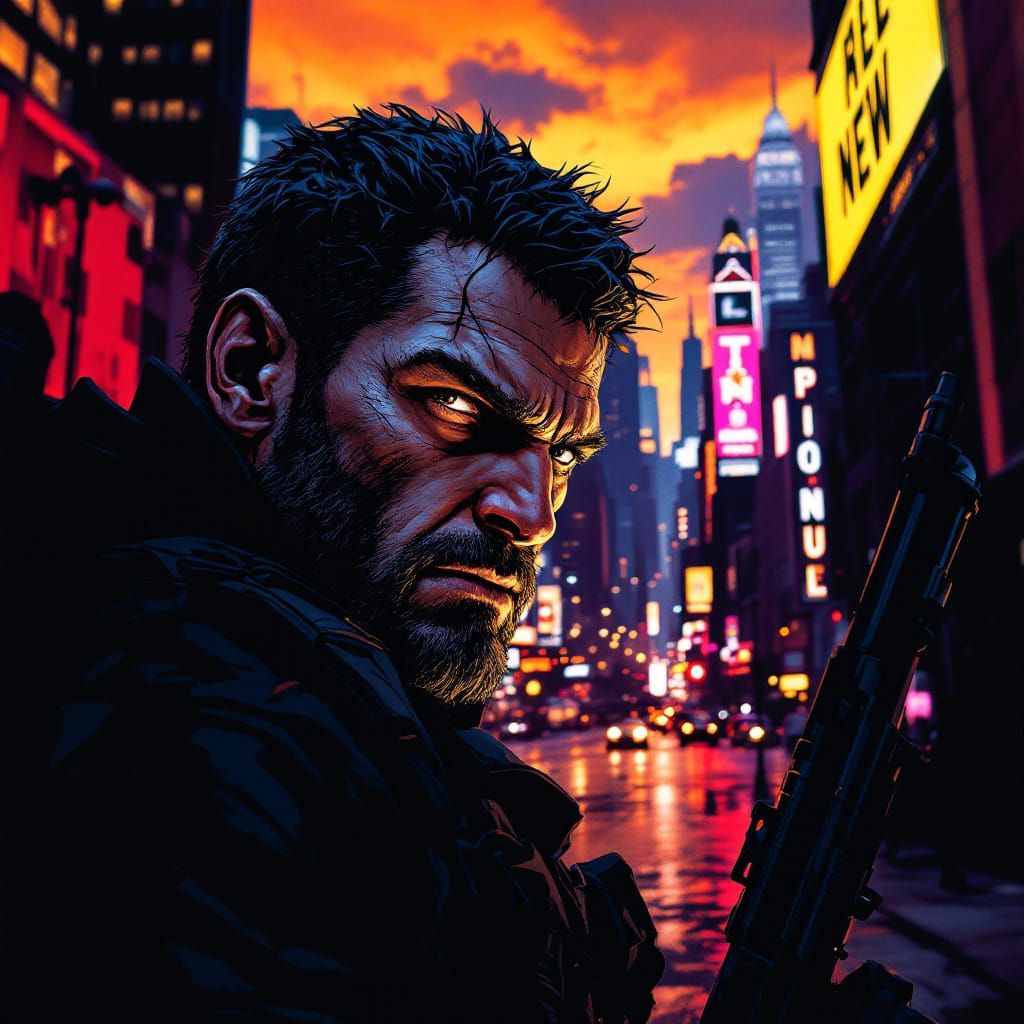 The Punisher in Hyperrealistic Neon Cityscape