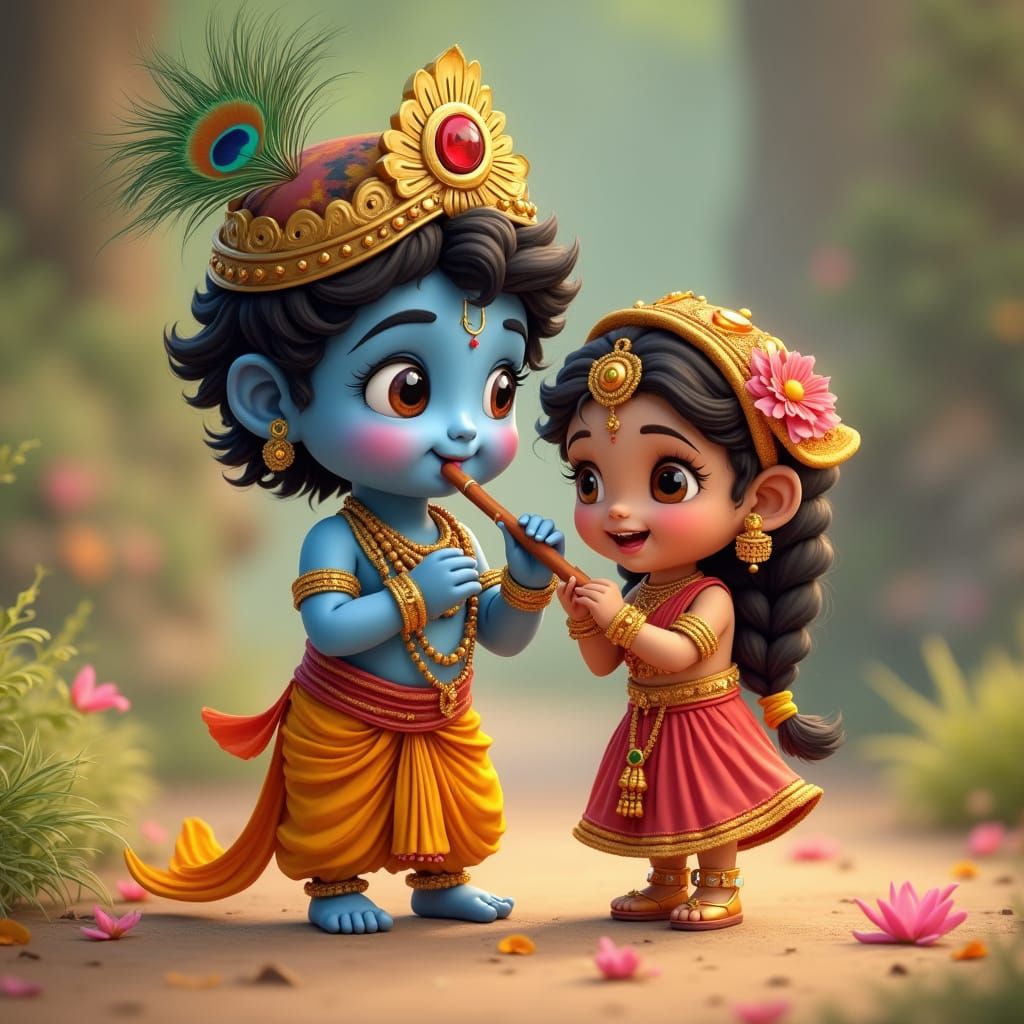 Lord Krishna and Radha Play Flute in Realistic 4K Scene