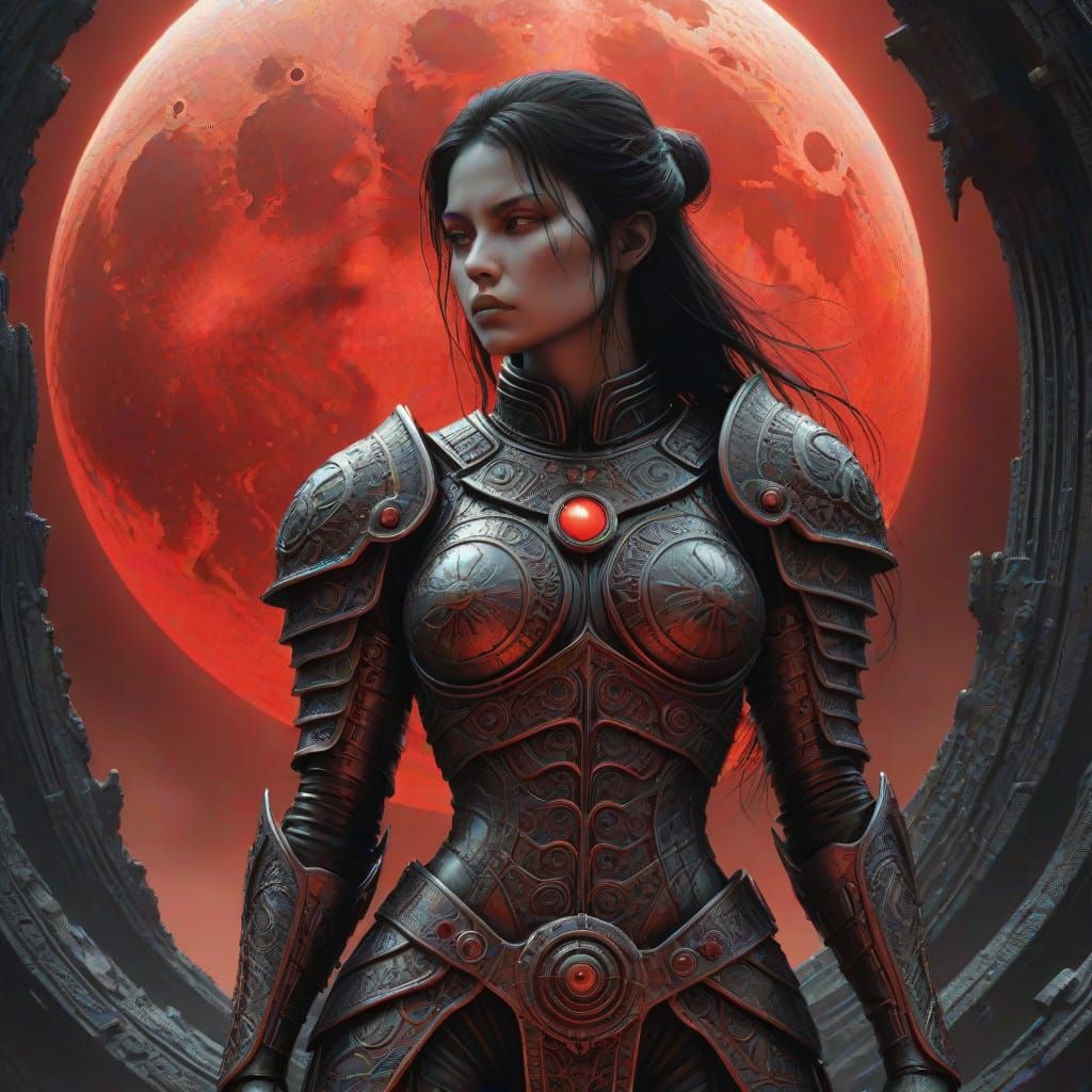 Armored Warrior on Red Moon in Sci-Fi Art
