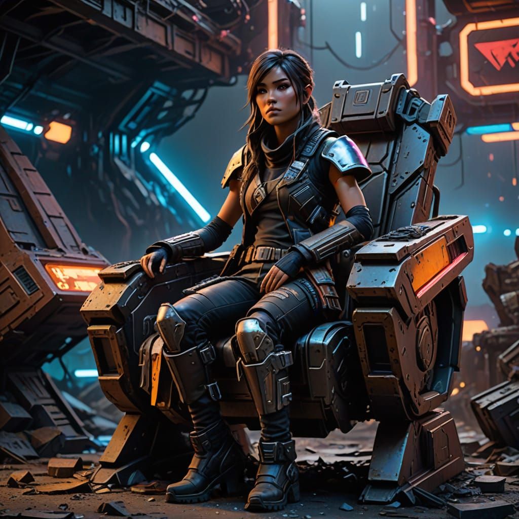 Dystopian Raider in a Futuristic Chair