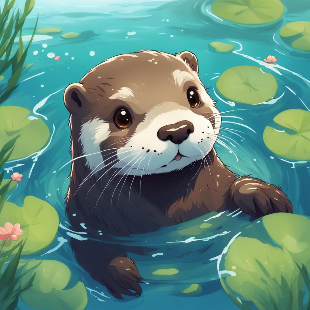 Cute Otter Swimming in Anime Style