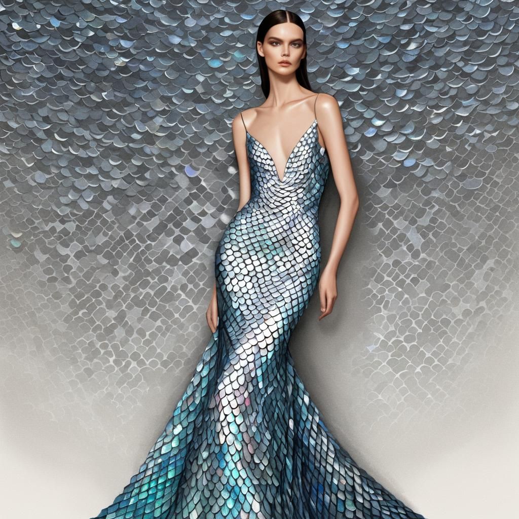 Art by Givenchy, chic evening gown made of shimmering fish s...