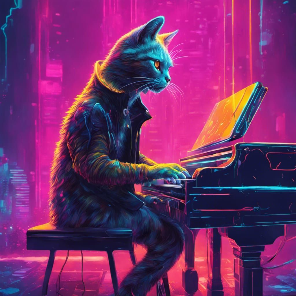 Neon Cat Plays Piano in Cyberpunk Style
