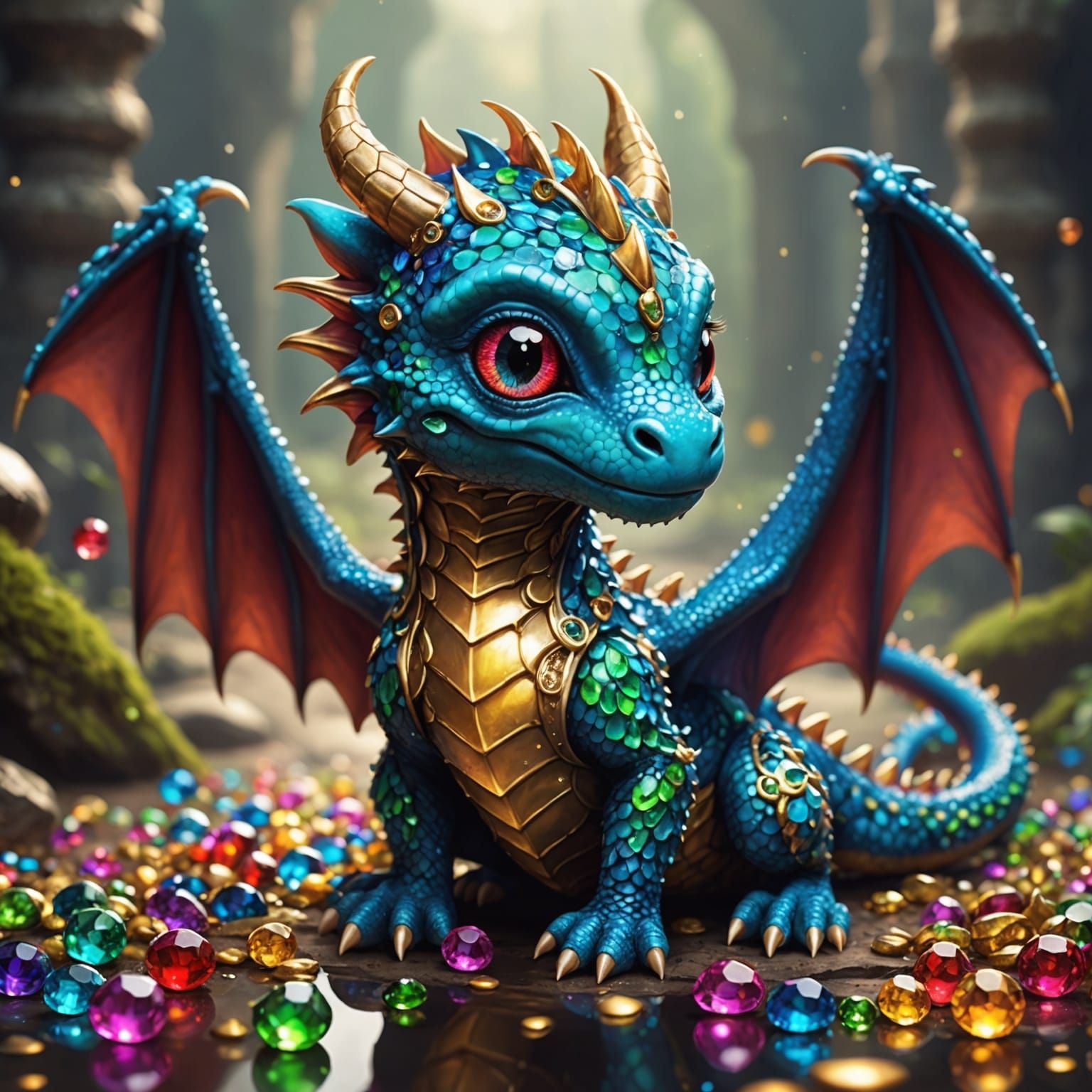 Cute Baby Dragon in Overflowing Jewels