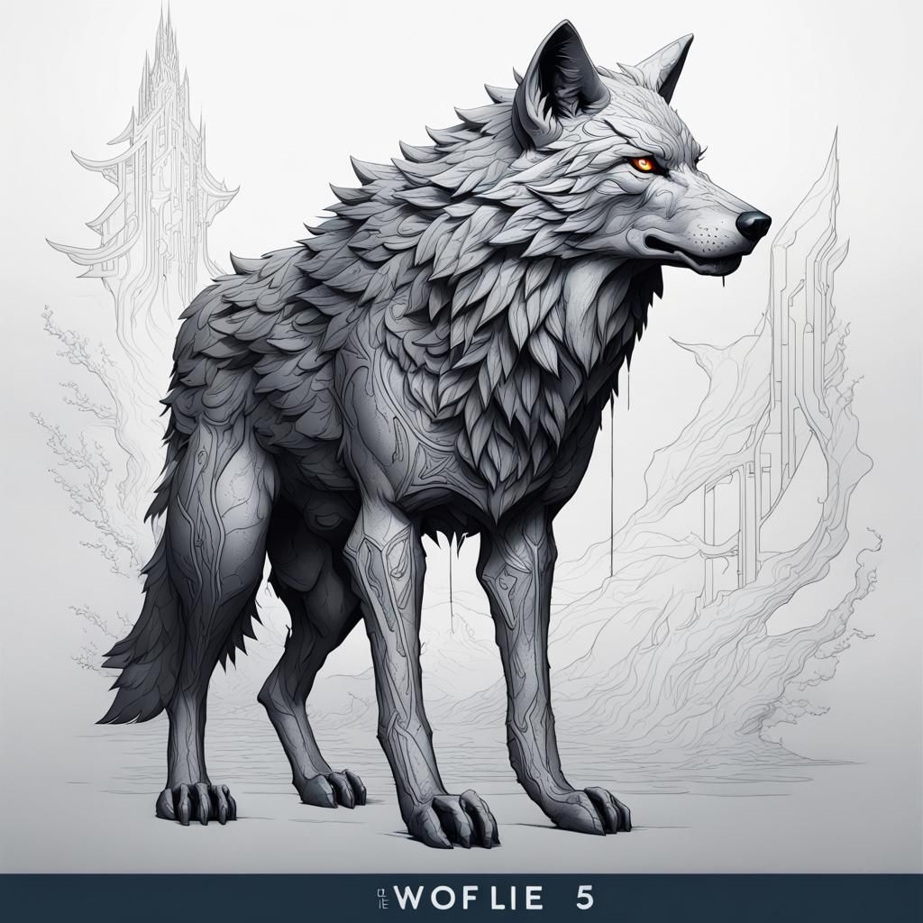 Detailed Line Art Wolf in Deep Color