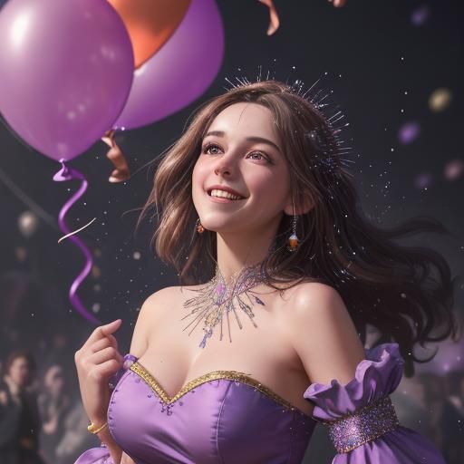 Woman in Purple Dress Surrounded by Balloons