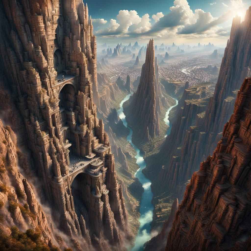 Fantasy Canyon City with Gliders: Hyperrealistic Digital Art
