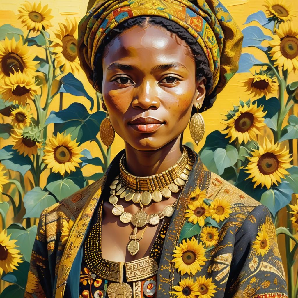 African Woman in Sunflowers: Impressionist Oil Painting