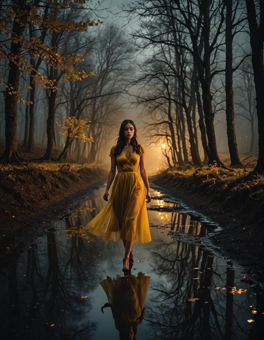 Mysterious Forest Road at Night with Woman in Yellow