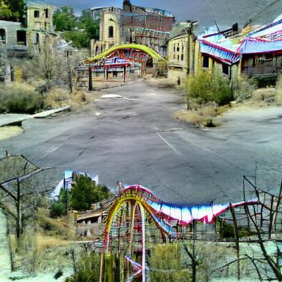 Eerie Ghost Town with Weathered Flags