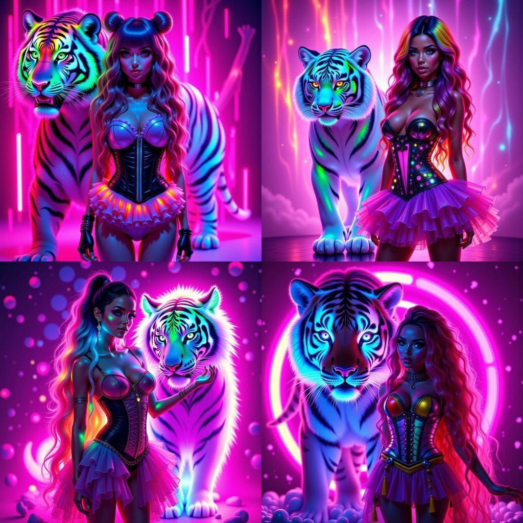Cyberpunk Woman With Glowing Rainbow Hair and Tiger