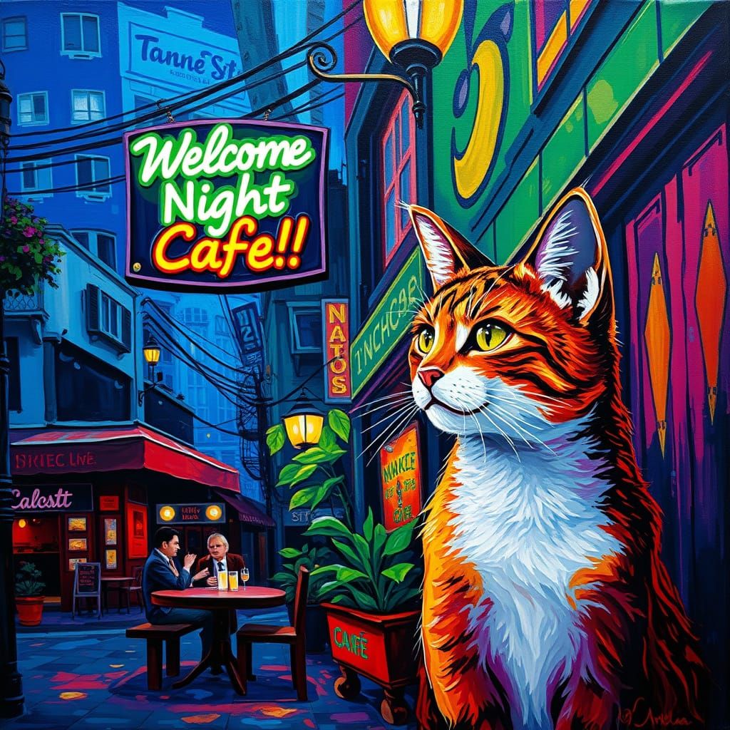 Vibrant Night Cafe Scene in Neo-Impressionist Style