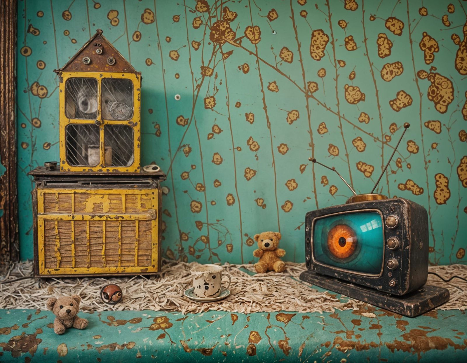Surreal Interior with Eyeball Wallpaper and Television