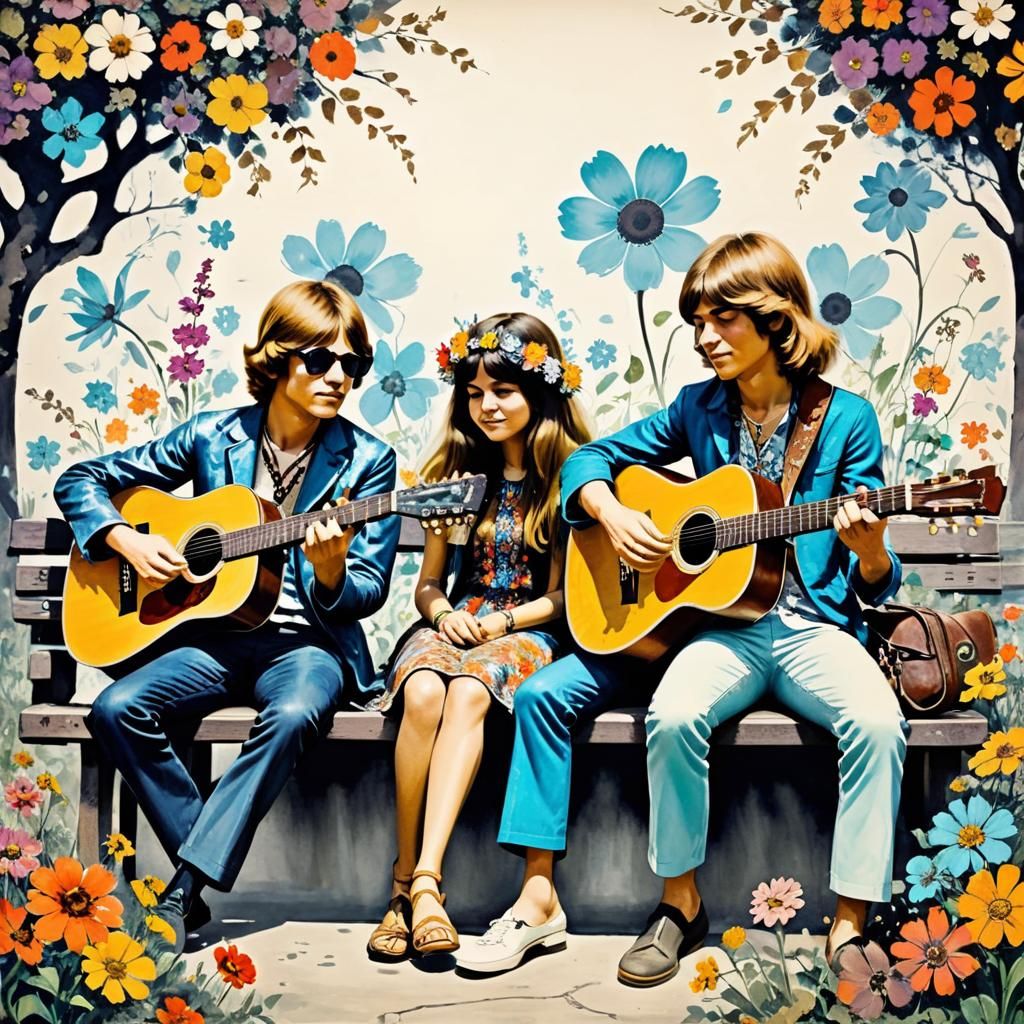 1960s Hippies with Guitars in Ink Painting