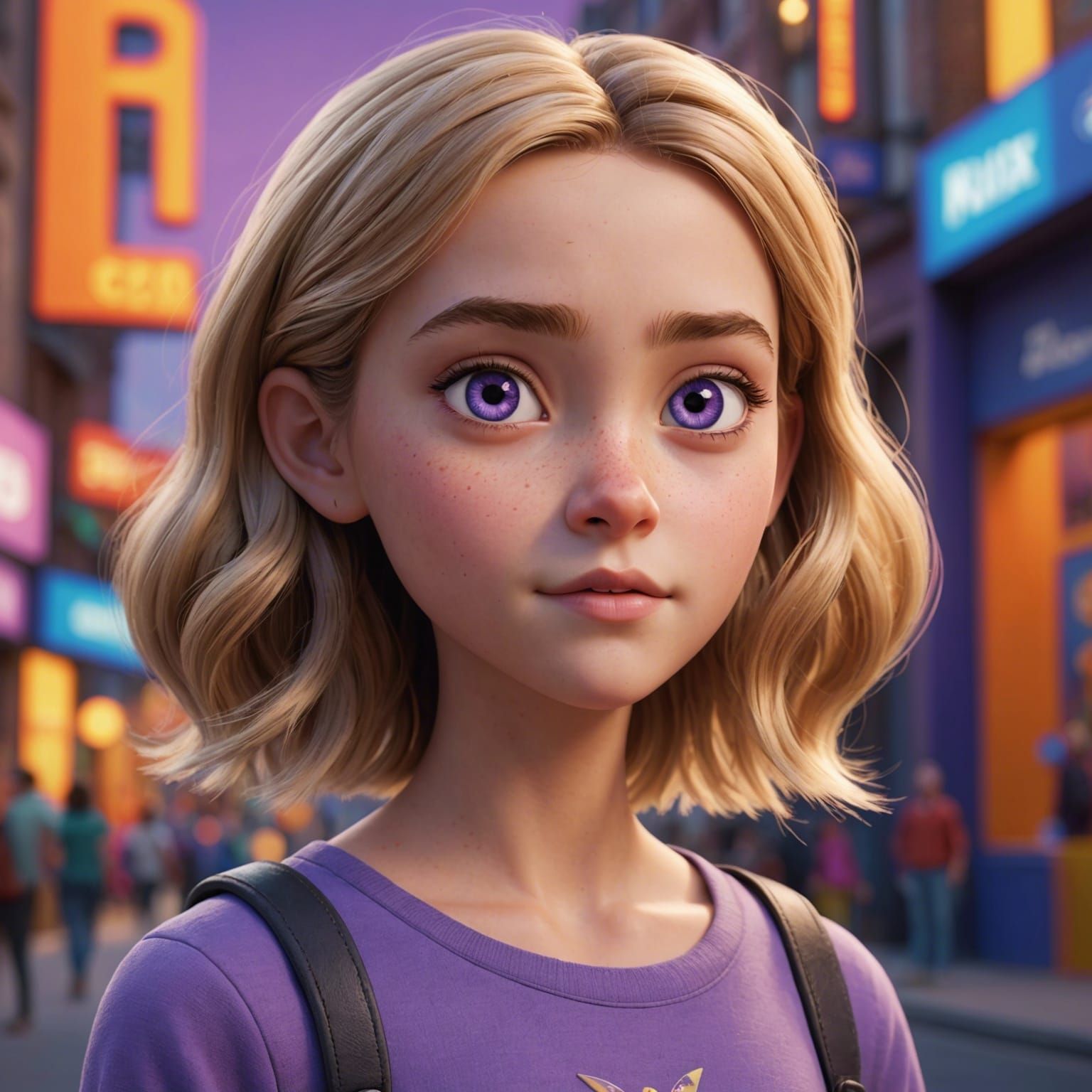 Girl with Purple Eyes: Pixar-Style 3D Render
