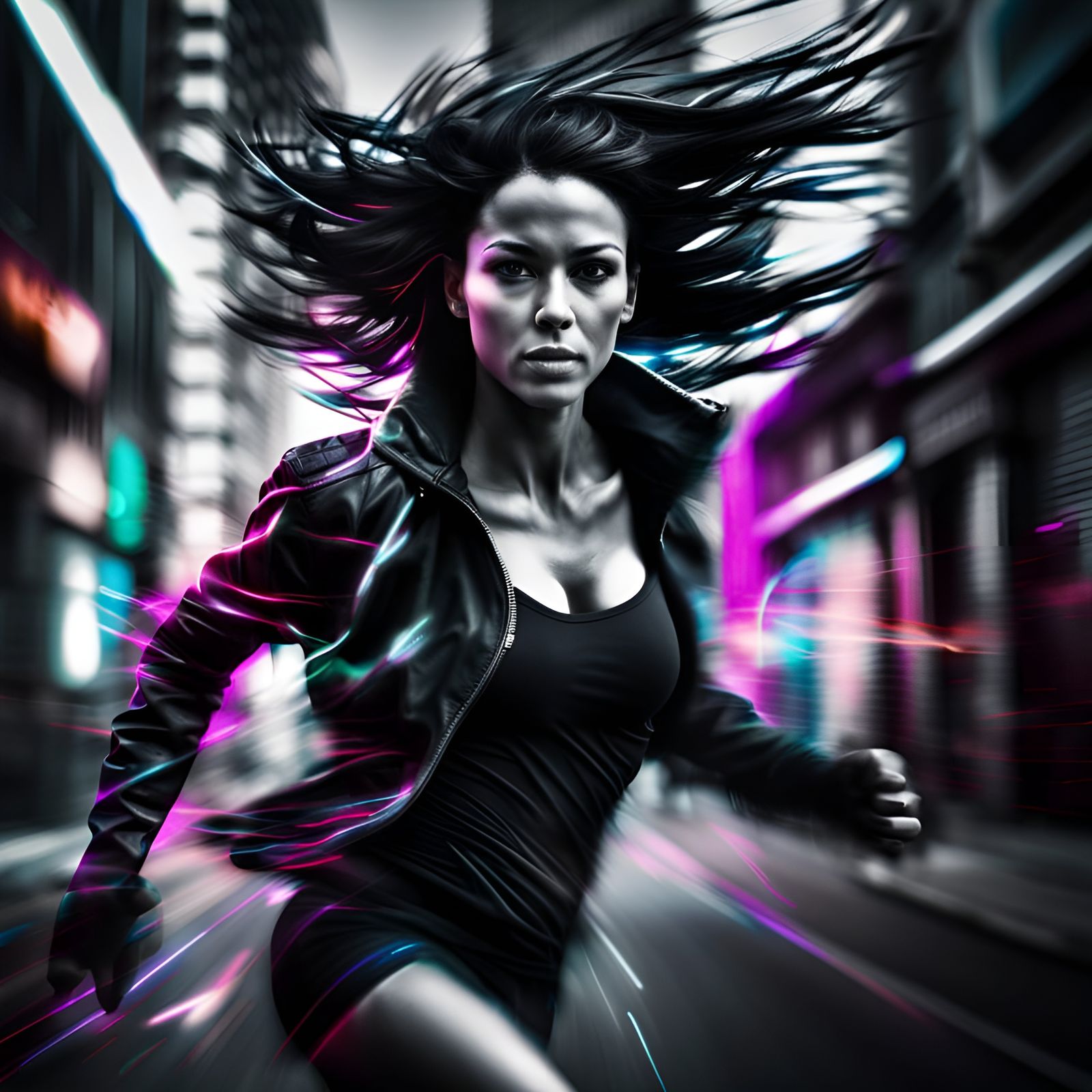 Cyberpunk Woman Sprinting in Neon Cityscape