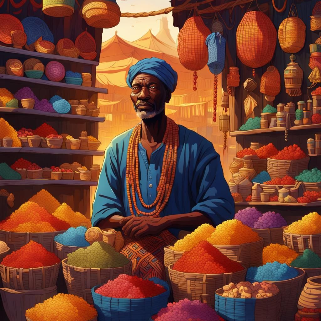 African Merchant at Market Stall in Afrofuturist Style