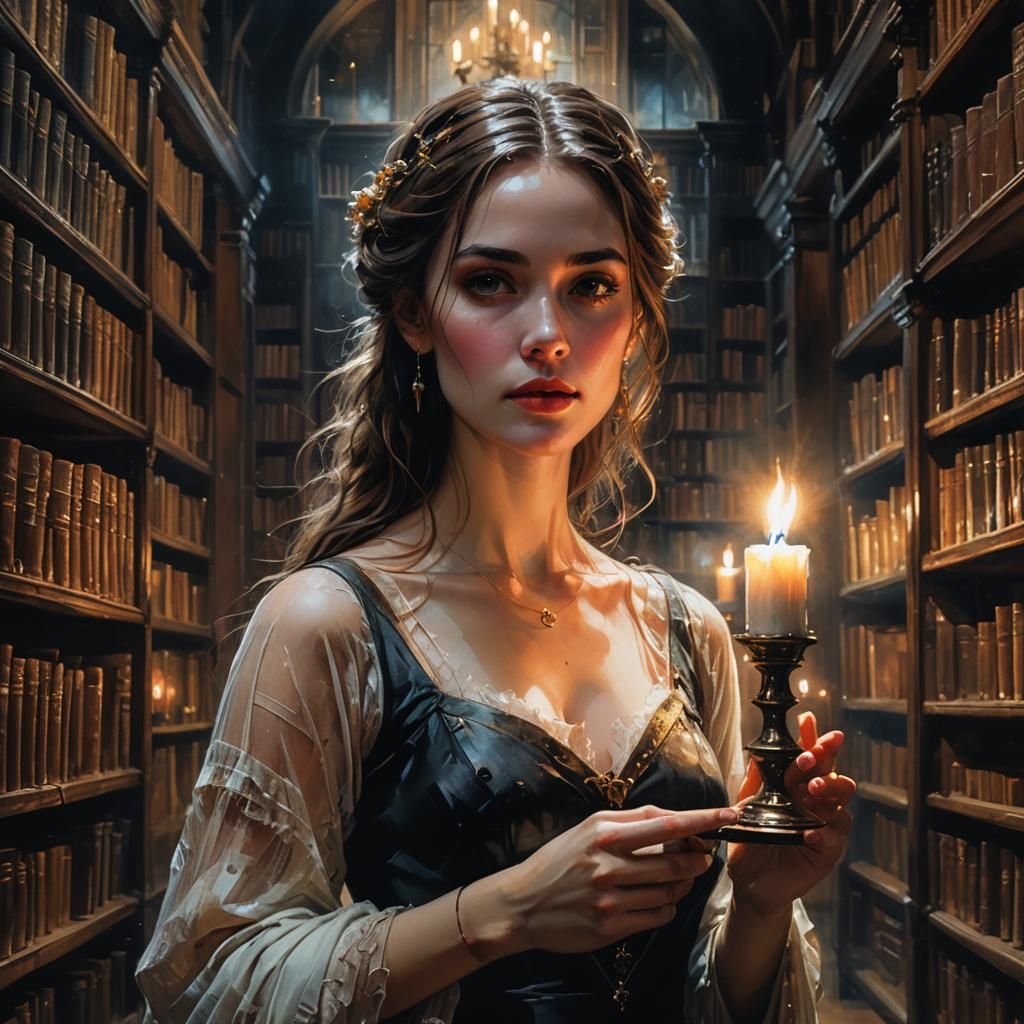 Princess in Ancient Library by Candlelight