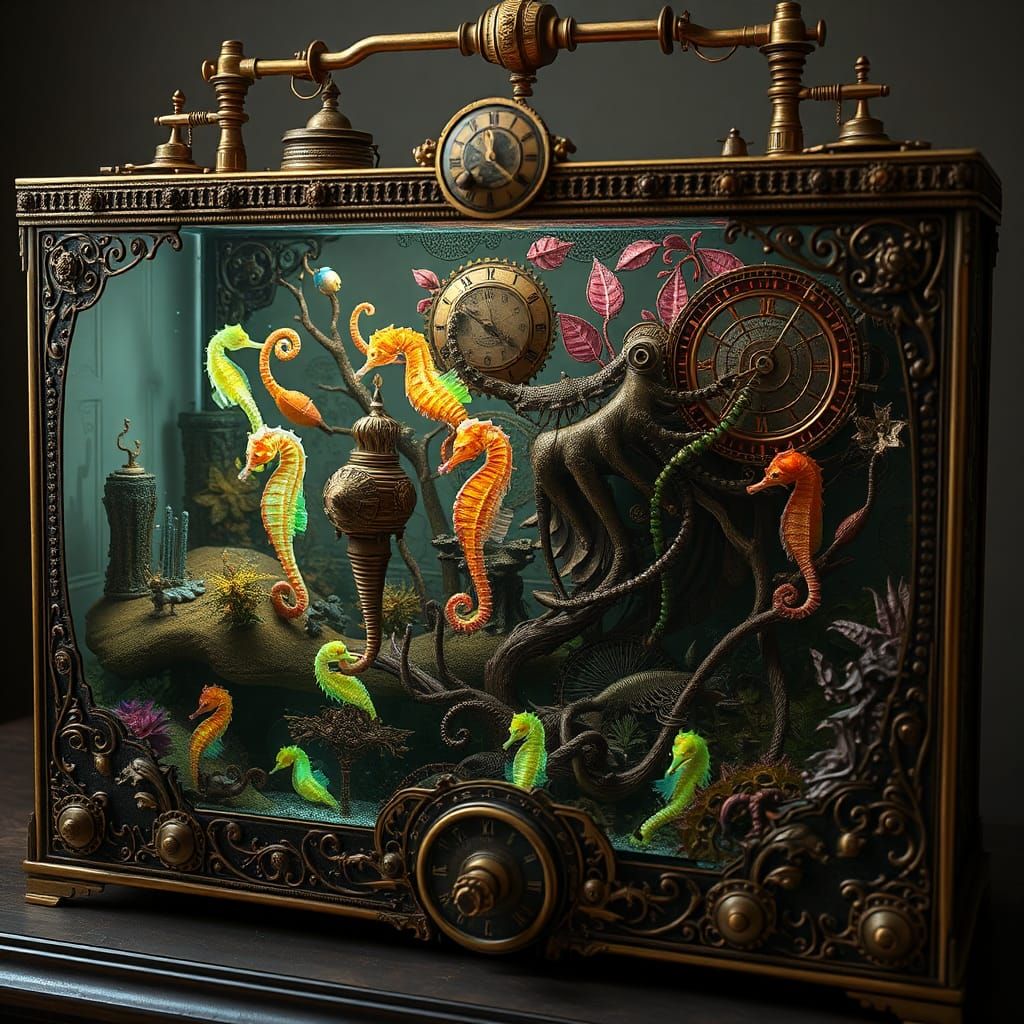 Steampunk Seahorse Aquarium with Alien Flora