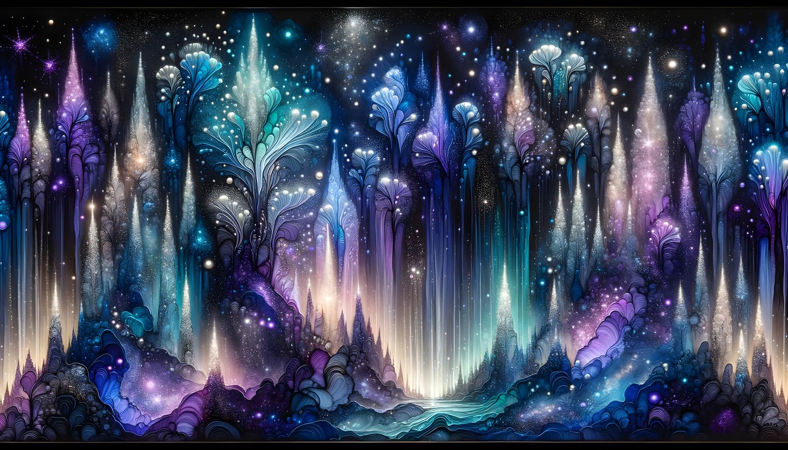 Hyperdetailed alcohol ink painting of a magical glowing nigh...
