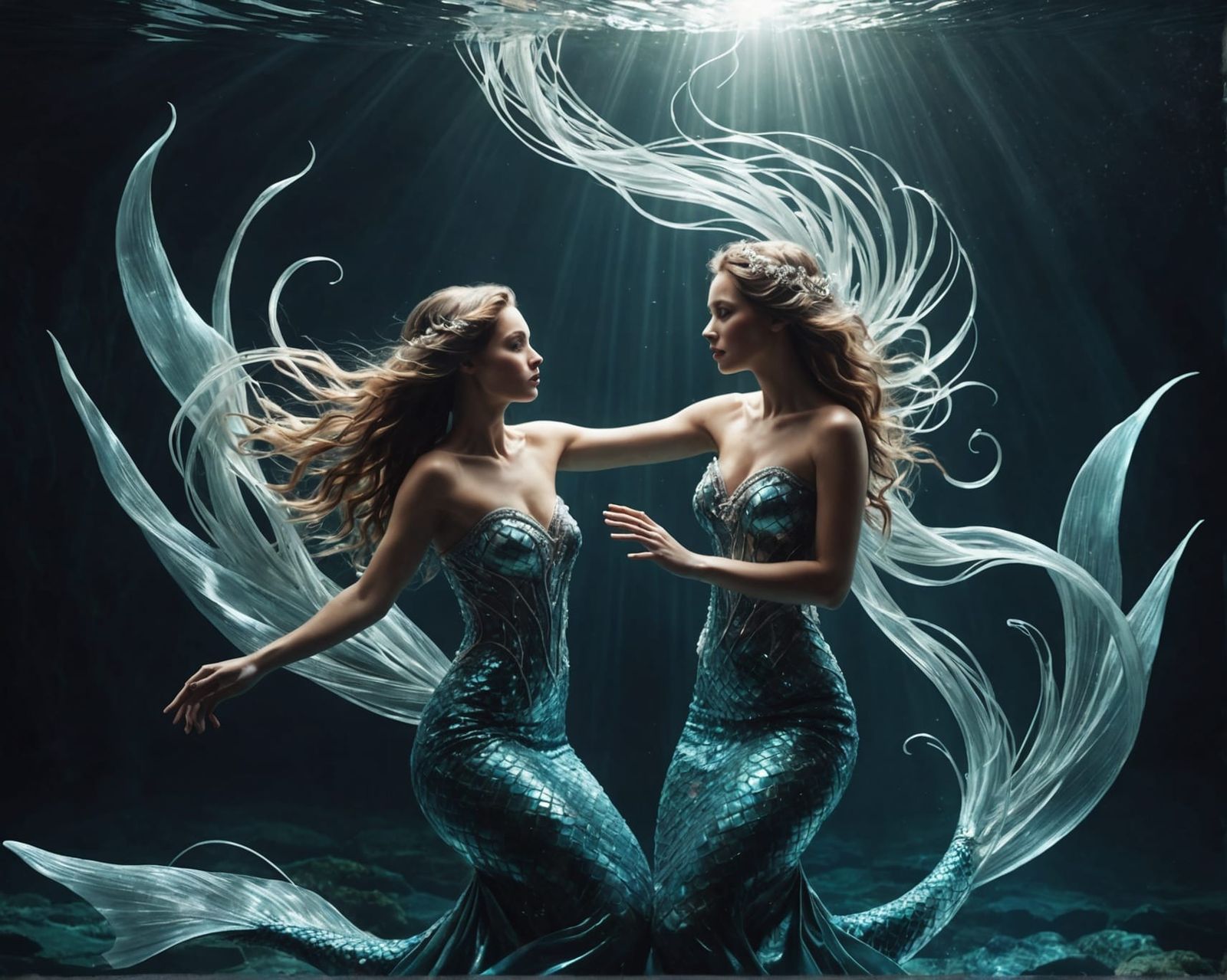 Conjoined Mermaids Weaving Light in Magic Realism