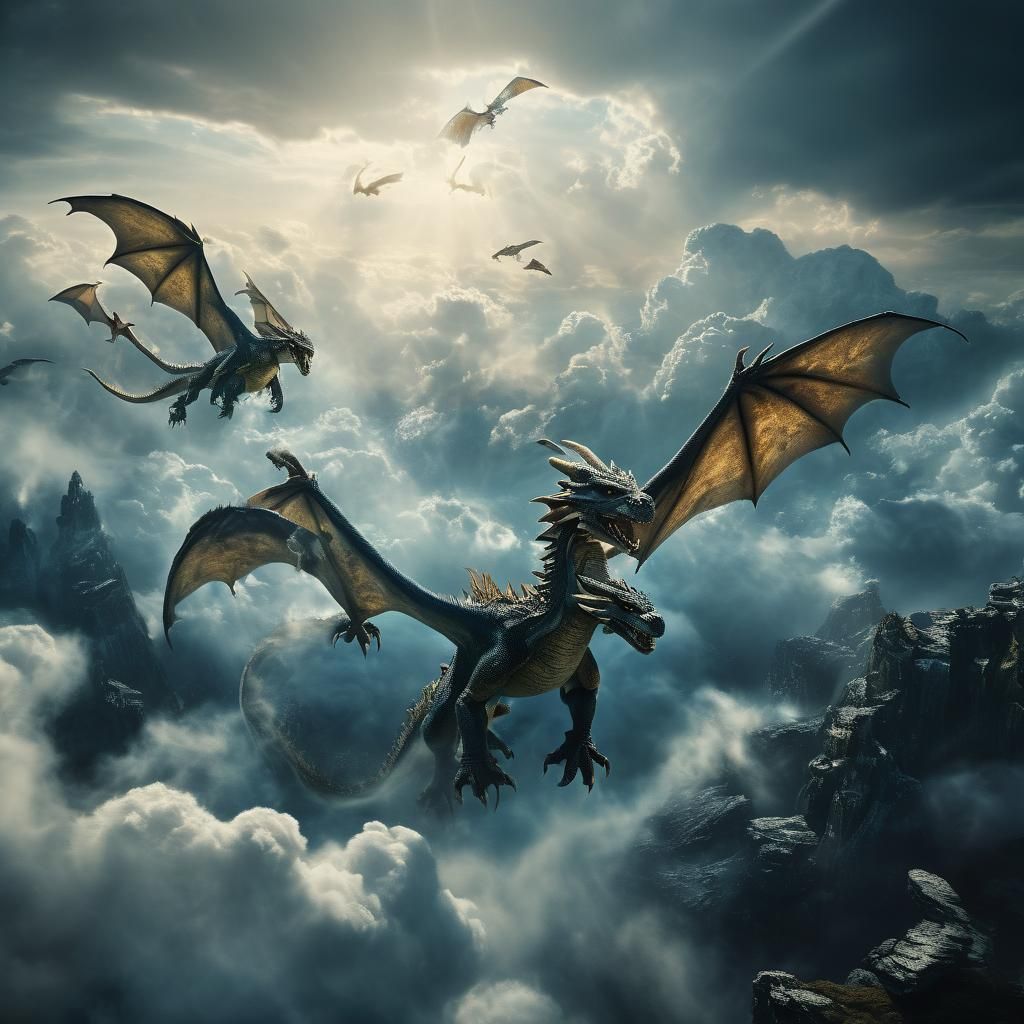 Prehistoric Creatures Soaring Through Clouds: Cinematic Stil...