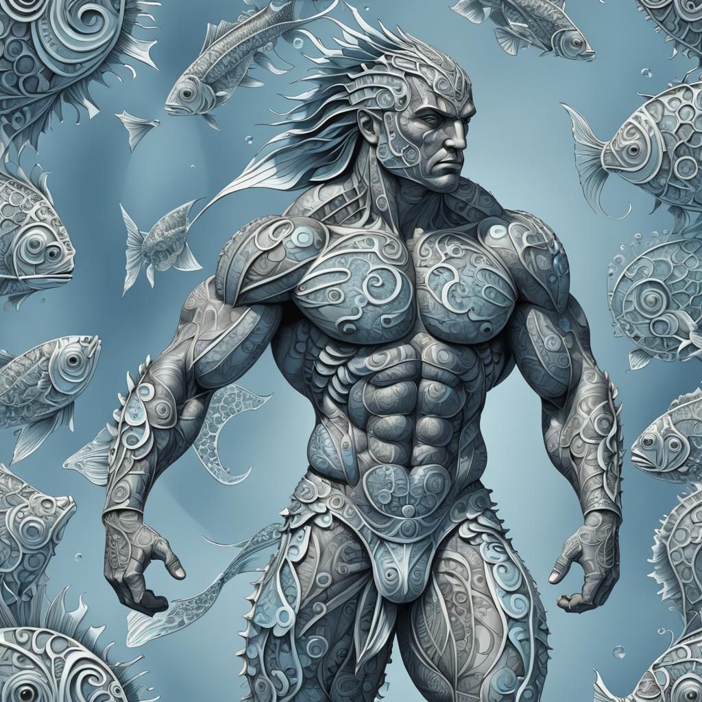 Muscular Fish Warrior in Light Blue Fractal Style