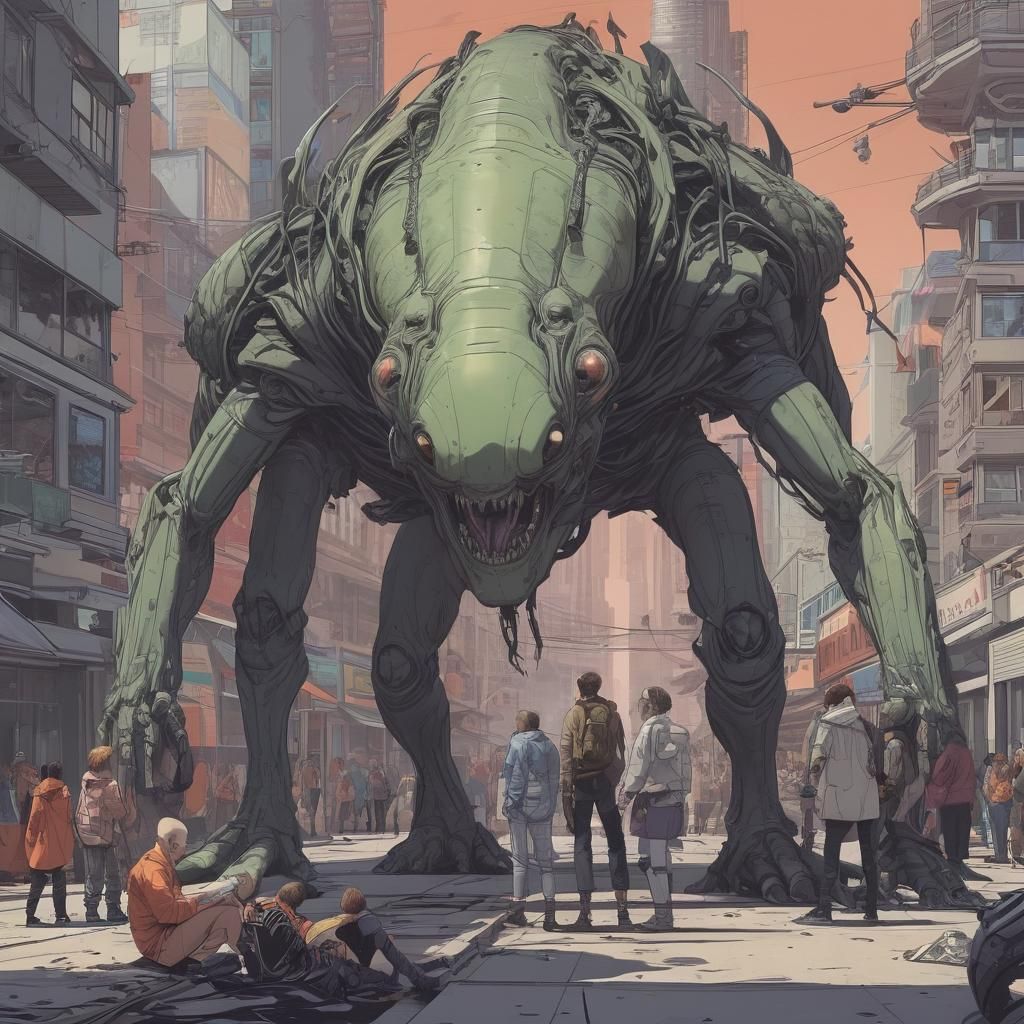 Giant Alien in Futuristic City, Sci-Fi Art