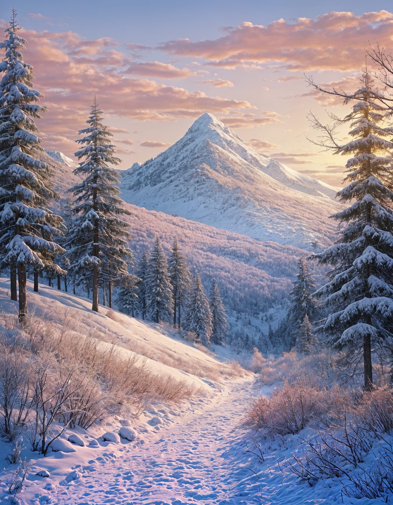 Magical Winter Sunset Landscape in Pastel Anime Style