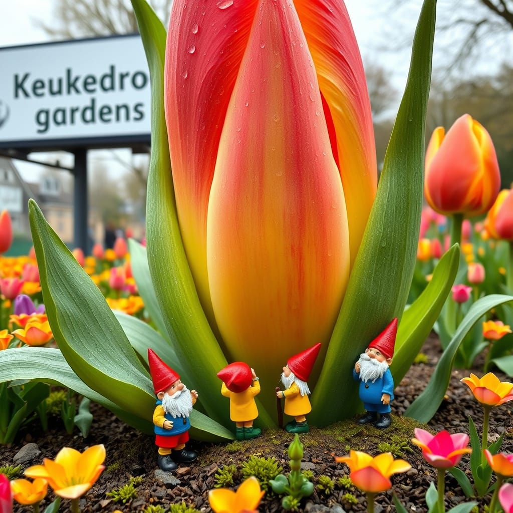 Gnomes Tend to a Vibrant Tulip in a Whimsical Garden Scene