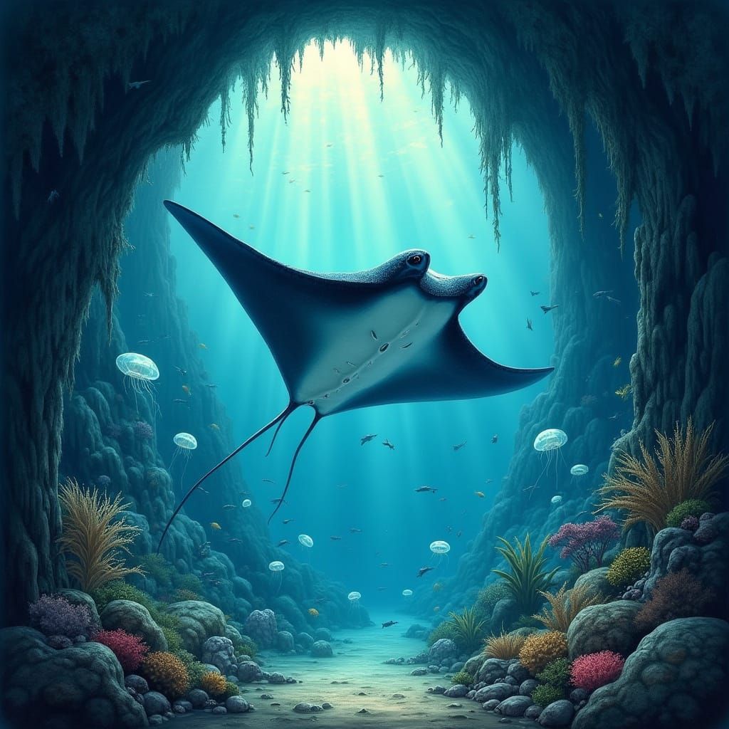 Ethereal Manta Ray in Vintage Scientific Illustration Style