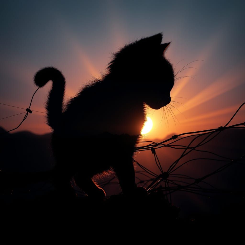 Hyper-Realistic Silhouette Landscape with Kitten in Vibrant ...
