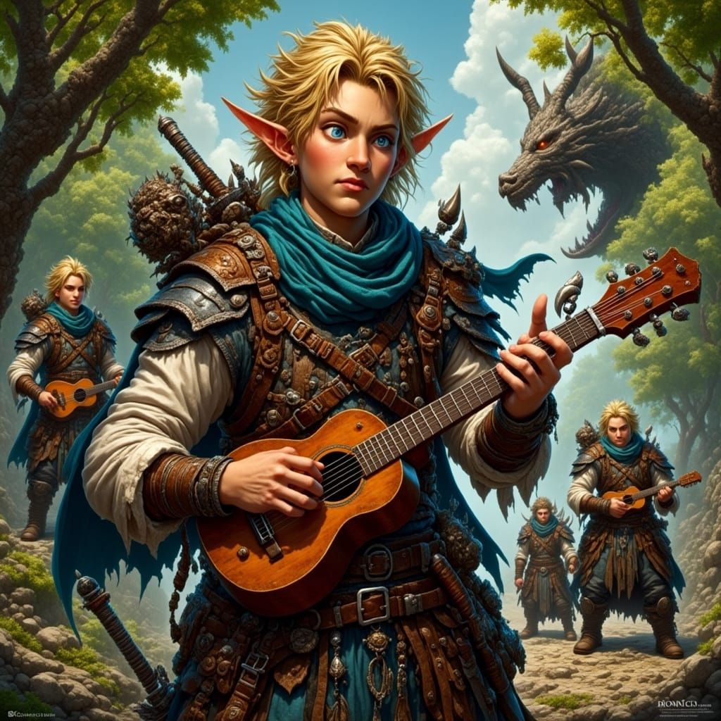 Anxious Elf Bard Playing Ukulele in Orchard