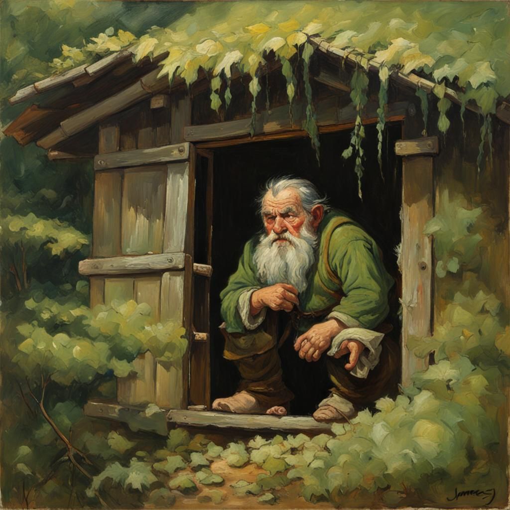 Angry Dwarf in Forest Hut Oil Painting