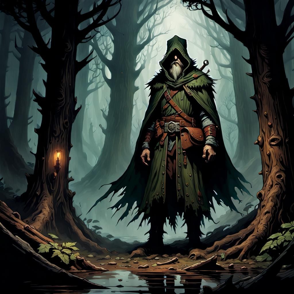 Mysterious Man in Misty Forest: D&D Art