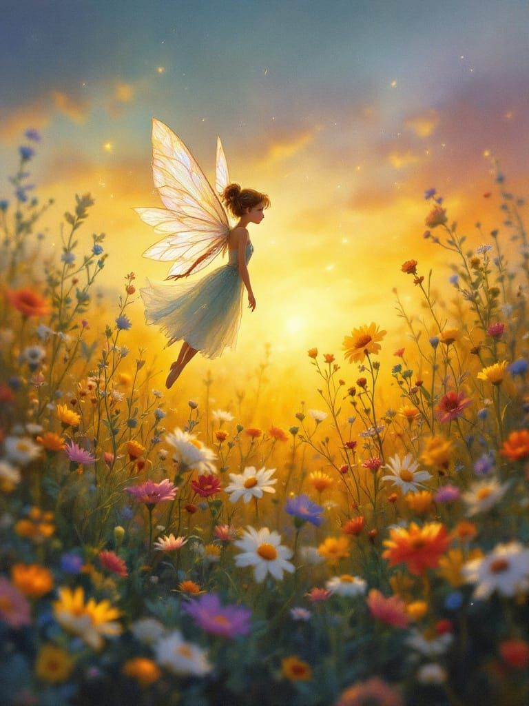 Ethereal Fairy Over Wildflower Field at Twilight