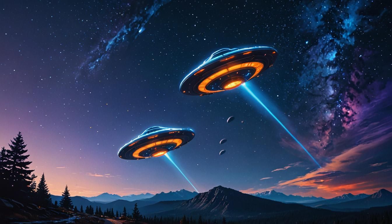 Flying Saucers in Starry Night Sky, Fantasy Art