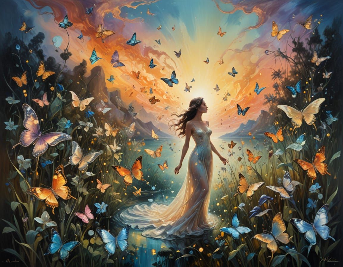 Ethereal Butterflies Dance in Surreal Sunset Dreamscape