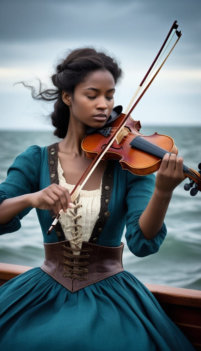 Woman Plays Violin in Pirate Fashion on Ship