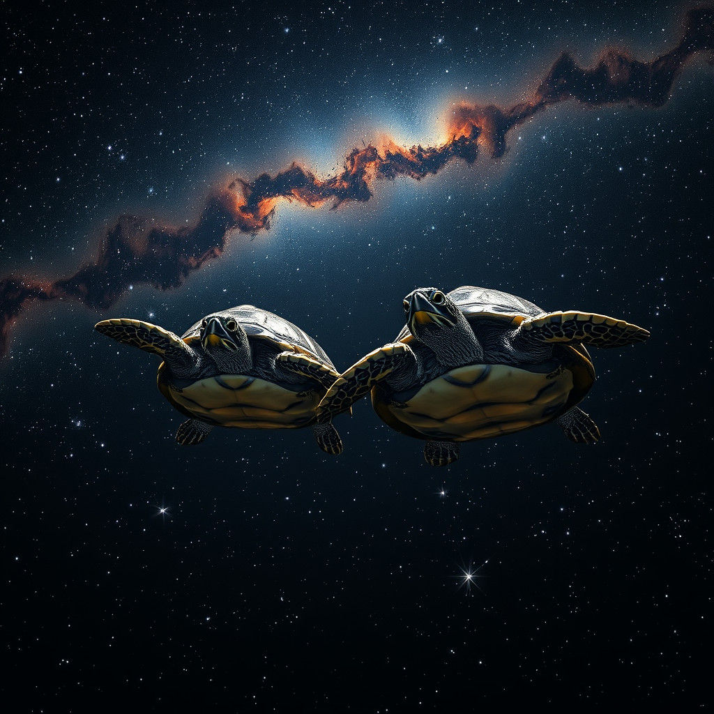 Turtles Swim Through Starry Cosmos in HDR