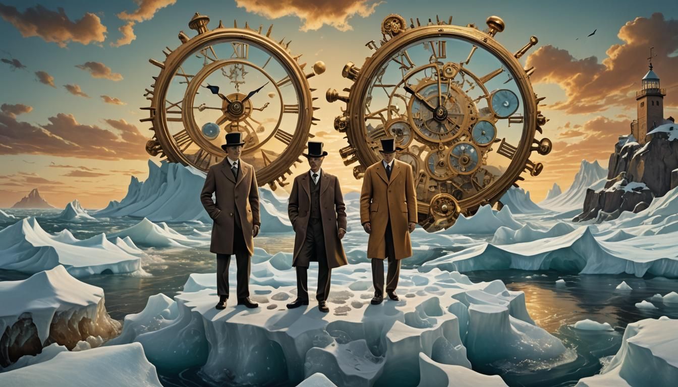 Surreal Melting Clocks on Iceberg at Sunset