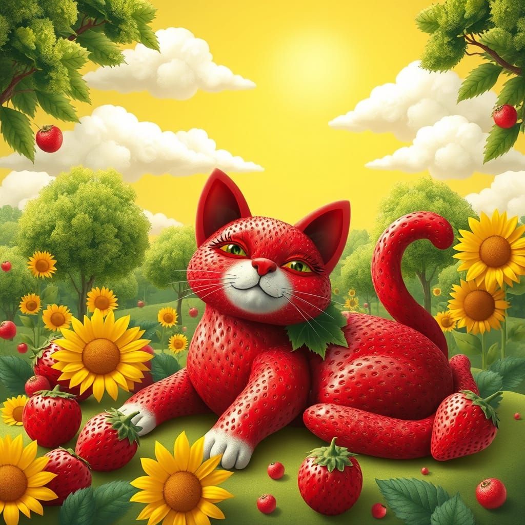 Strawberry Cat in Fruitopia, Whimsical Digital Art