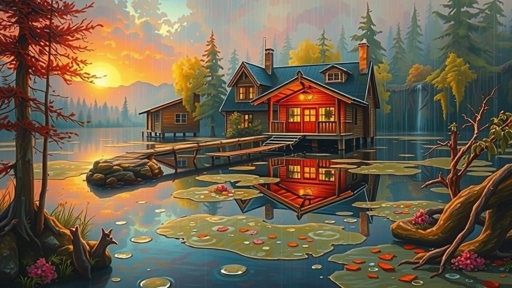 Mystical Cabin at Sunset in Neo-Impressionist Style