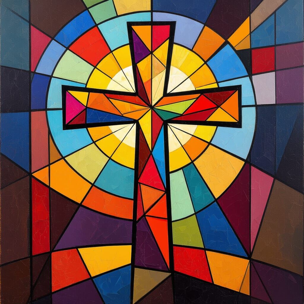 Cubist Cross with Stained Glass Aesthetics
