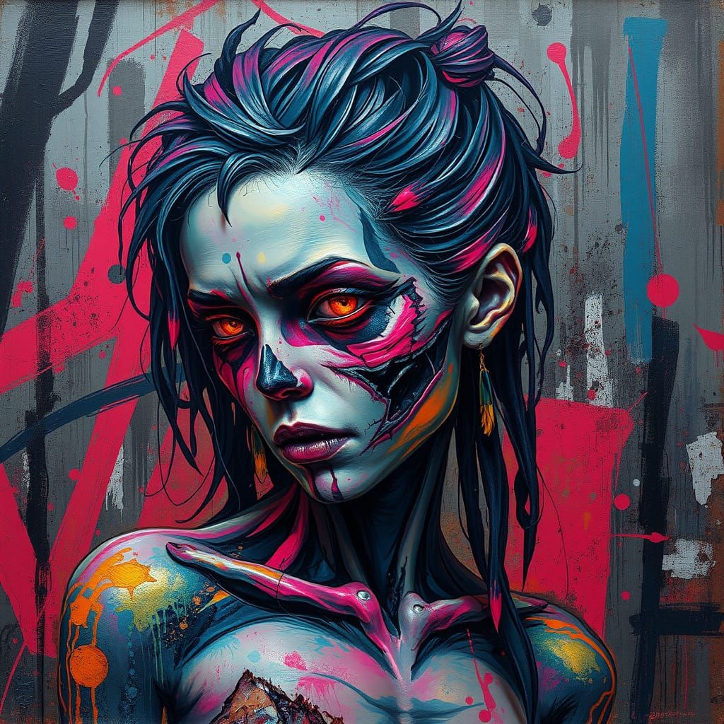 Gritty, Undead Girl in Neon Urban Landscape