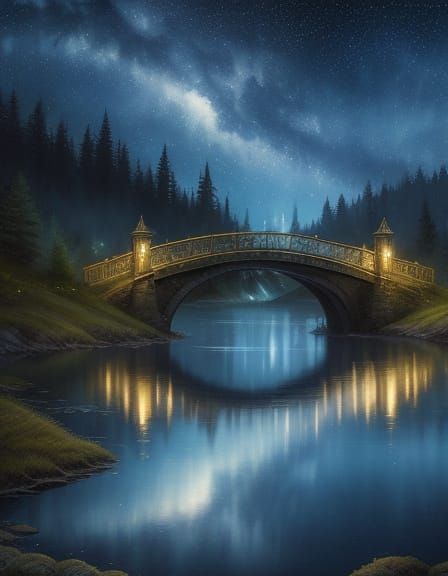 Dreamy Watercolor Bridge Under Starry Night Sky