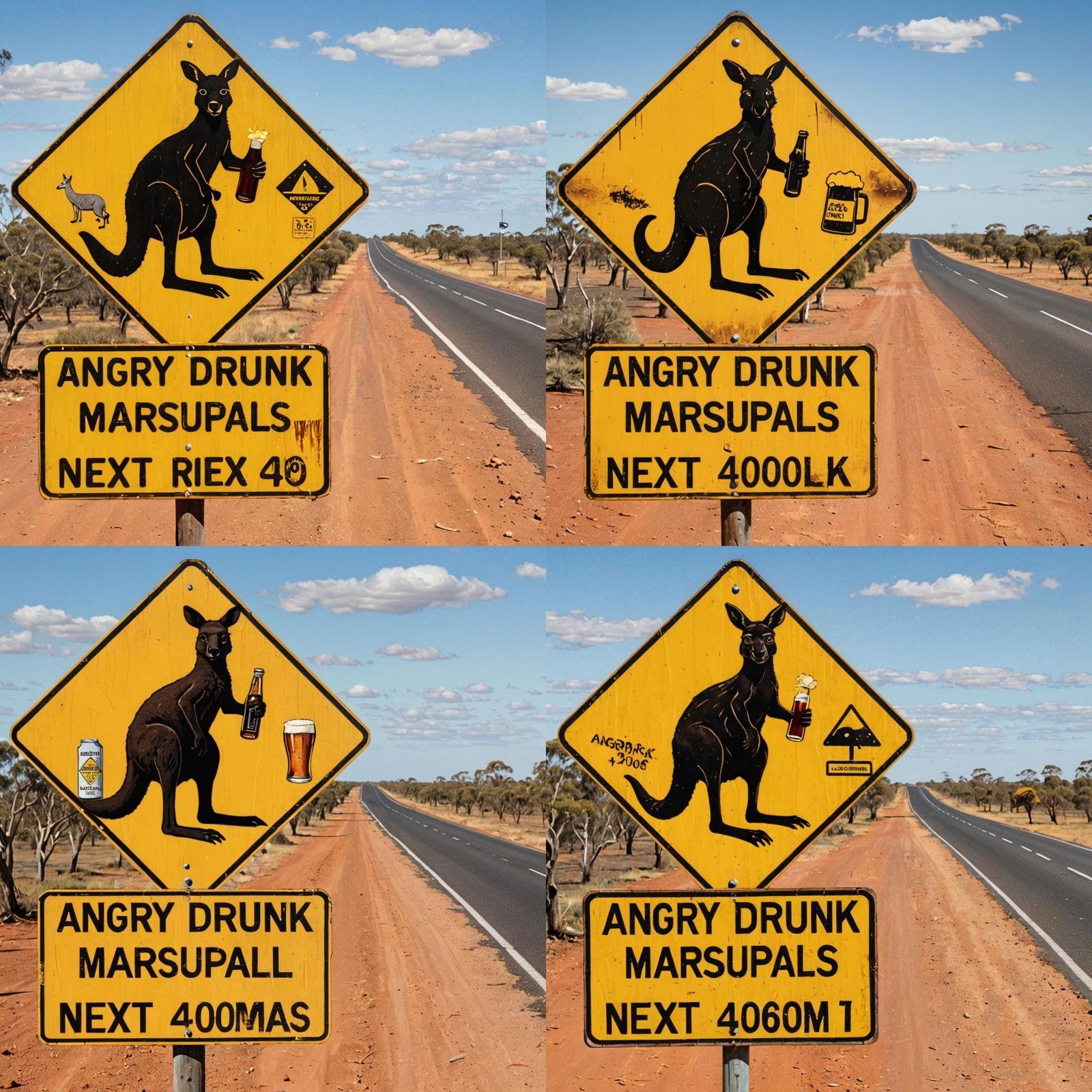 Humorous Road Sign: Angry Drunk Kangaroo Warning