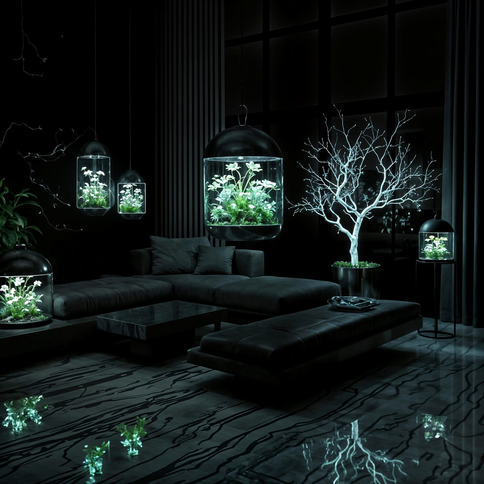 Bioluminescent Living Room with Marble Floor