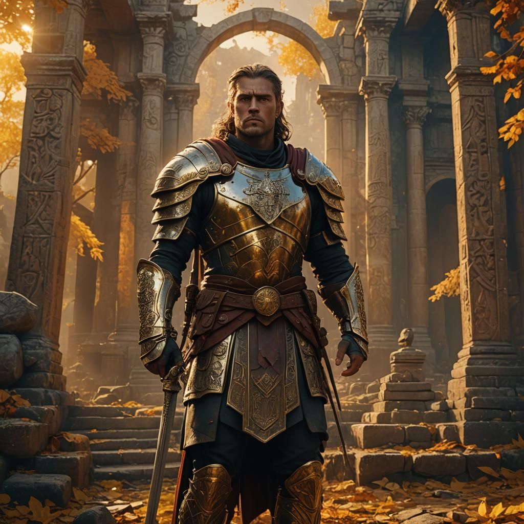 Regal Warrior in Autumn Light, Fantasy Concept Art