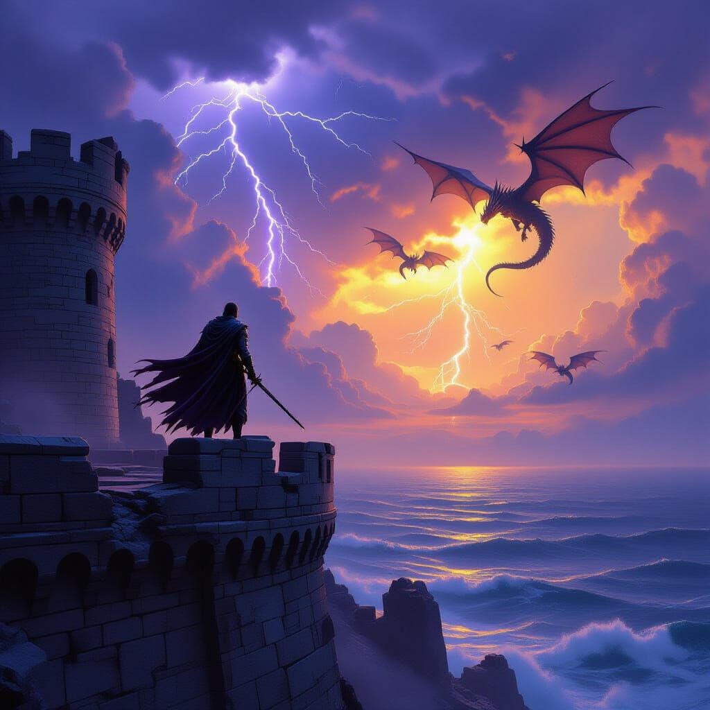 Warrior Faces Dragon Attack on Castle Wall in Storm